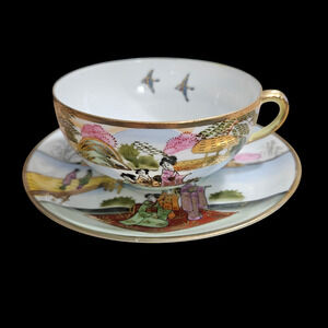 Antique Kutani Hand Painted Geisha Teacup & Saucer Set Gold Trim Moriage Japan